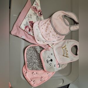 Pack of 9 assorted baby girls bibs, various brands and styles